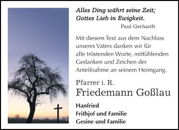 Traueranzeige von Friedemann Goßlau von Mitteldeutsche Zeitung