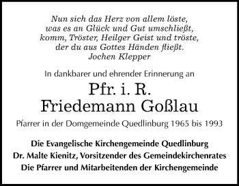 Traueranzeige von Friedemann Goßlau von Mitteldeutsche Zeitung Quedlinburg