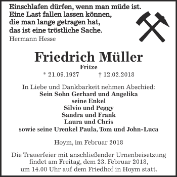 Traueranzeige von Friedrich Müller von Super Sonntag Aschersleben