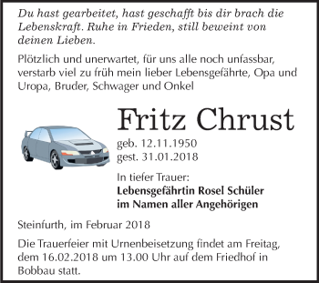 Traueranzeige von Fritz Chrust von Mitteldeutsche Zeitung Bitterfeld