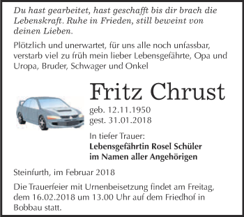 Traueranzeige von Fritz Chrust von WVG - Wochenspiegel Bitterfeld