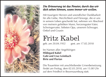 Traueranzeige von Fritz Kabel von Mitteldeutsche Zeitung Sangerhausen