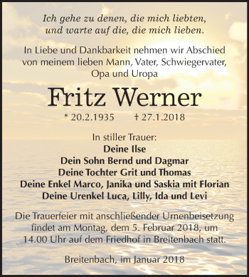 Traueranzeige von Fritz Werner von Mitteldeutsche Zeitung Sangerhausen