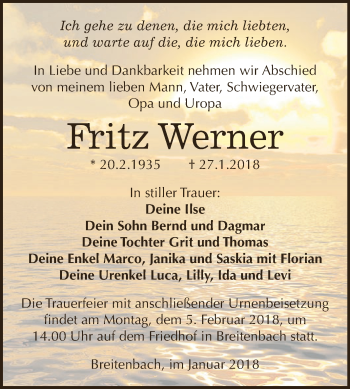Traueranzeige von Fritz Werner von Super Sonntag SGH Mansf. Land