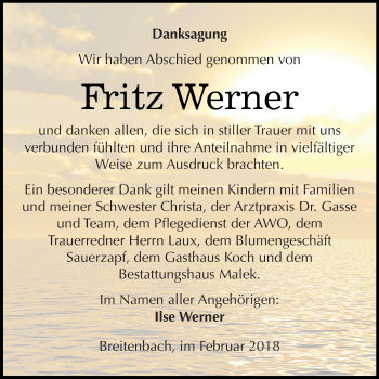 Traueranzeige von Fritz Werner von Super Sonntag SGH Mansf. Land