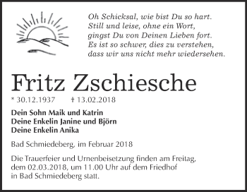 Traueranzeige von Fritz Zschiesche von WVG - Wochenspiegel Wittenberg