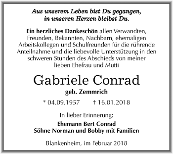 Traueranzeige von Gabriele Conrad von Mitteldeutsche Zeitung Sangerhausen