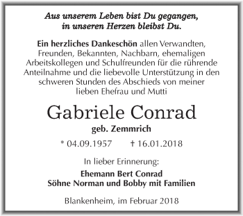 Traueranzeige von Gabriele Conrad von WVG - Wochenspiegel SGH