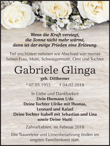 Traueranzeige von Gabriele Glinga von WVG - Wochenspiegel Wittenberg
