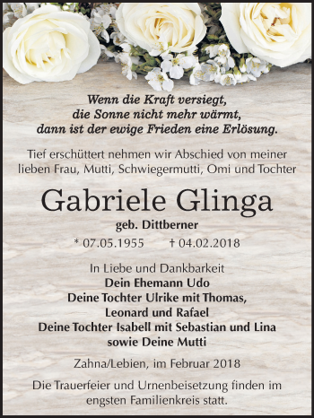 Traueranzeige von Gabriele Glinga von Mitteldeutsche Zeitung