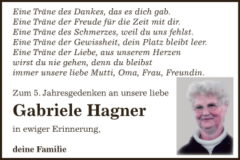 Traueranzeige von Gabriele Hagner von Super Sonntag Dessau / Köthen