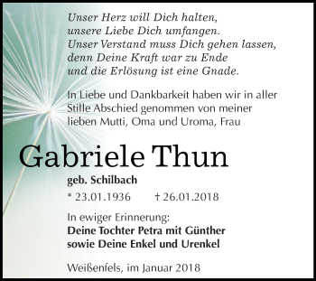 Traueranzeige von Gabriele Thun von WVG - Wochenspiegel NMB / WSF / ZTZ