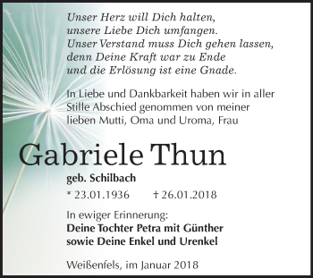 Traueranzeige von Gabriele Thun von Mitteldeutsche Zeitung Weißenfels