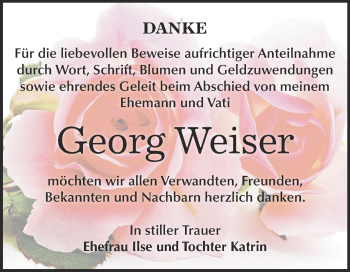 Traueranzeige von Georg Weiser von WVG - Wochenspiegel Dessau / Köthen