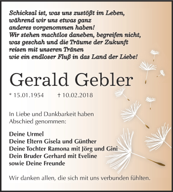 Traueranzeige von Gerald Gebler von WVG - Wochenspiegel Dessau / Köthen
