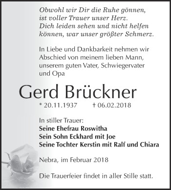 Traueranzeige von Gerd Brückner von WVG - Wochenspiegel NMB / WSF / ZTZ