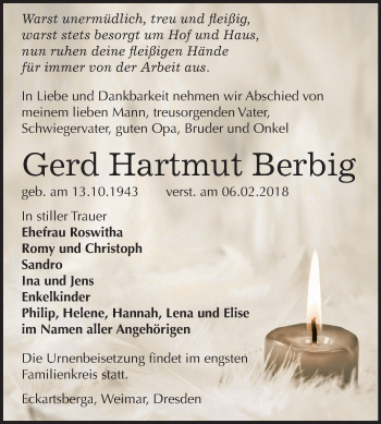 Traueranzeige von Gerd Hartmut Berbig von Mitteldeutsche Zeitung