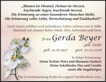 Traueranzeige von Gerda Beyer von Super Sonntag Zeitz