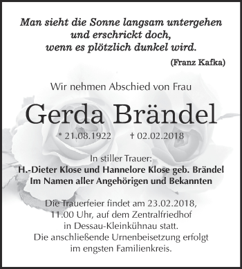 Traueranzeige von Gerda Brändel von WVG - Wochenspiegel Dessau / Köthen