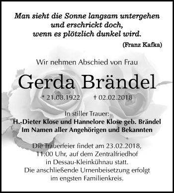 Traueranzeige von Gerda Brändel von Mitteldeutsche Zeitung Dessau-Roßlau