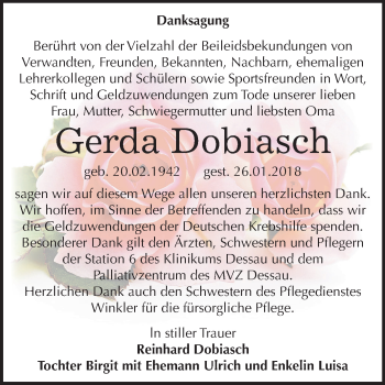 Traueranzeige von Gerda Dobiasch von Mitteldeutsche Zeitung Dessau-Roßlau