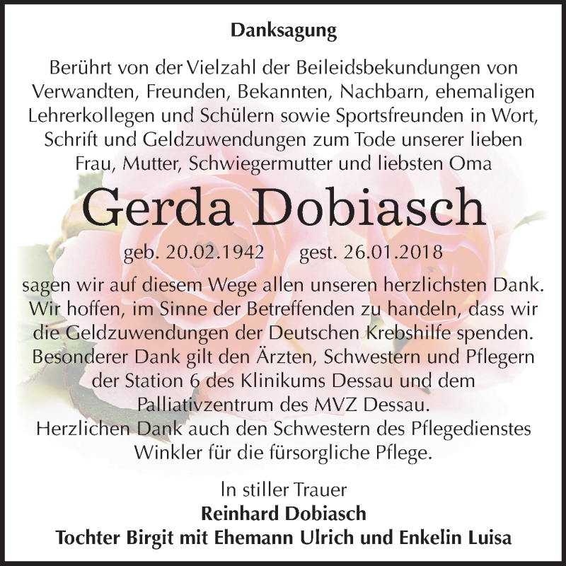  Traueranzeige für Gerda Dobiasch vom 28.02.2018 aus Mitteldeutsche Zeitung Dessau-Roßlau