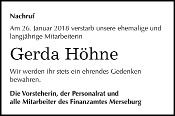 Traueranzeige von Gerda Höhne von Mitteldeutsche Zeitung Merseburg/Querfurt