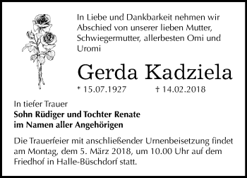 Traueranzeige von Gerda Kadziela von Mitteldeutsche Zeitung Halle/Saalkreis