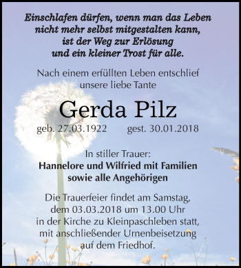 Traueranzeige von Gerda Pilz von WVG - Wochenspiegel Dessau / Köthen