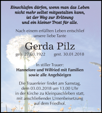 Traueranzeige von Gerda Pilz von Mitteldeutsche Zeitung Köthen
