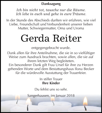 Traueranzeige von Gerda Reiter von Super Sonntag SGH Mansf. Land