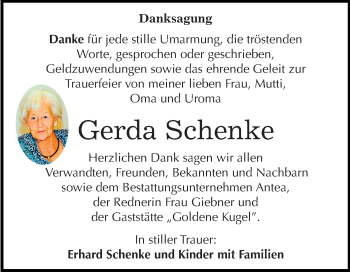 Traueranzeige von Gerda Schenke von Super Sonntag Wittenberg