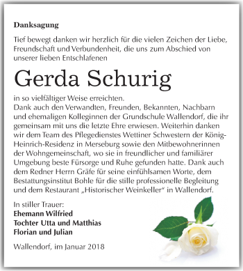 Traueranzeige von Gerda Schurig von Mitteldeutsche Zeitung Merseburg/Querfurt