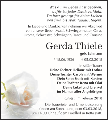 Traueranzeige von Gerda Thiele von WVG - Wochenspiegel Wittenberg
