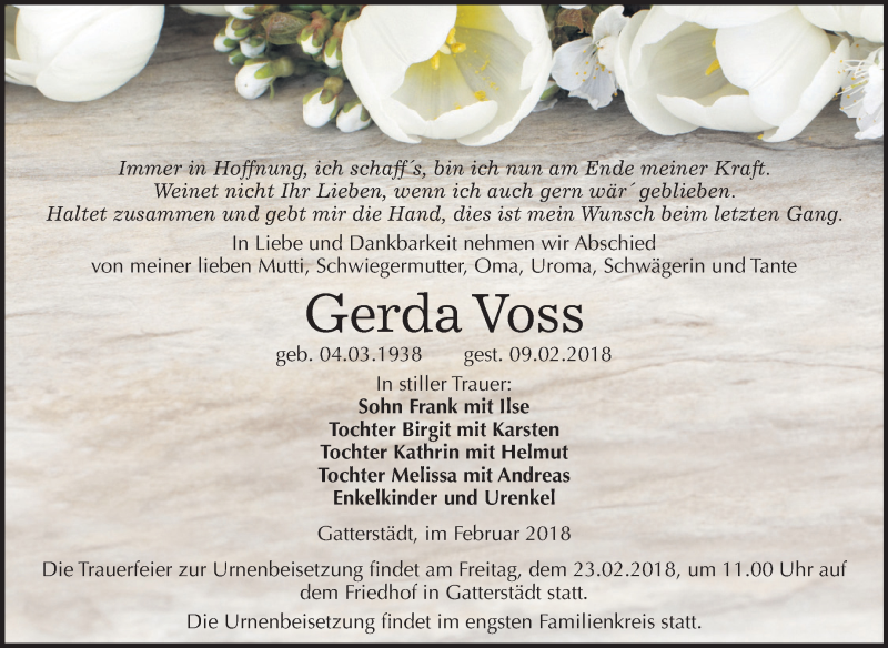  Traueranzeige für Gerda Voss vom 17.02.2018 aus Mitteldeutsche Zeitung Merseburg/Querfurt