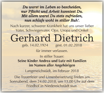 Traueranzeige von Gerhard Dietrich von Mitteldeutsche Zeitung Merseburg/Querfurt