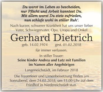 Traueranzeige von Gerhard Dietrich von WVG - Wochenspiegel Merseburg
