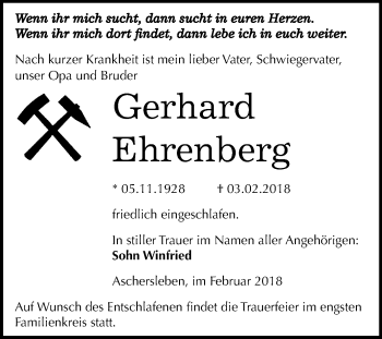 Traueranzeige von Gerhard Ehrenberg von Mitteldeutsche Zeitung Aschersleben