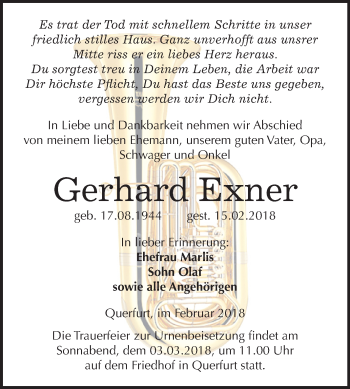Traueranzeige von Gerhard Exner von Mitteldeutsche Zeitung Merseburg/Querfurt