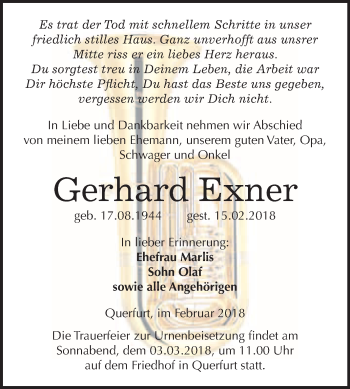 Traueranzeige von Gerhard Exner von WVG - Wochenspiegel Merseburg