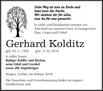 Traueranzeige von Gerhard Kolditz von Mitteldeutsche Zeitung