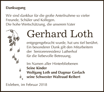 Traueranzeige von Gerhard Loth von Wochenspiegel Mansfelder Land