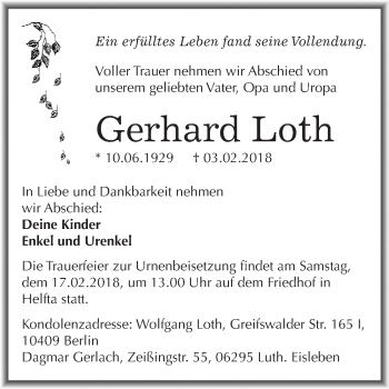 Traueranzeige von Gerhard Loth von Wochenspiegel Mansfelder Land