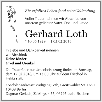 Traueranzeige von Gerhard Loth von Mitteldeutsche Zeitung