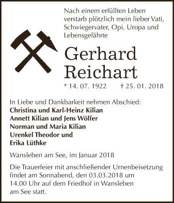 Traueranzeige von Gerhard Reichart von Super Sonntag SGH Mansf. Land