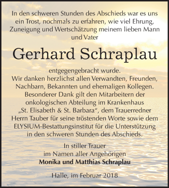 Traueranzeige von Gerhard Schraplau von Mitteldeutsche Zeitung Halle/Saalkreis