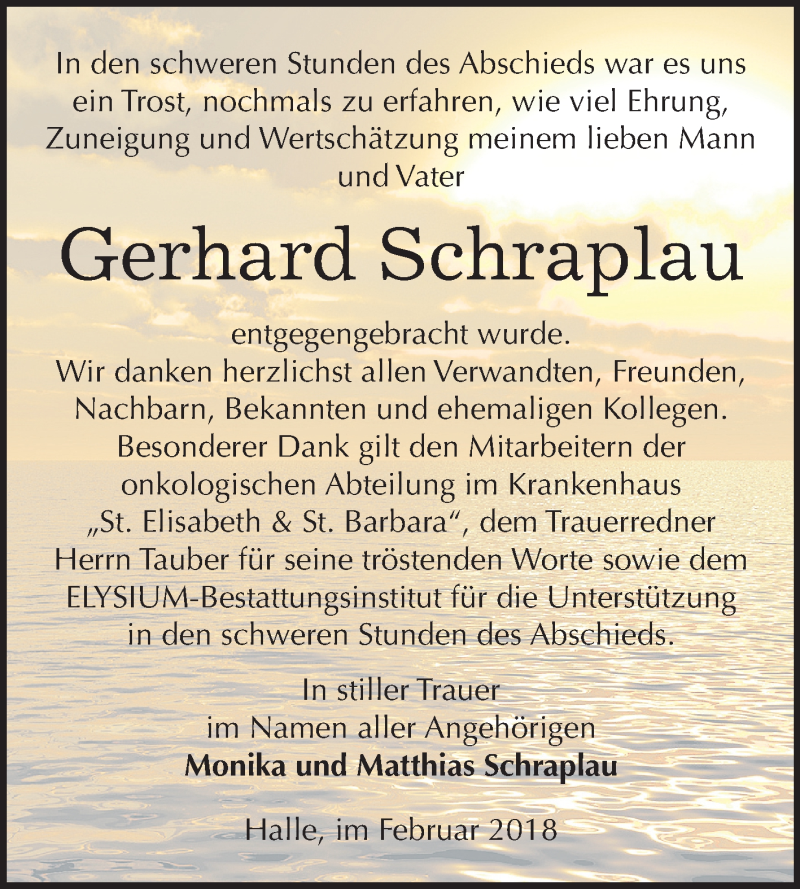  Traueranzeige für Gerhard Schraplau vom 10.02.2018 aus Mitteldeutsche Zeitung Halle/Saalkreis