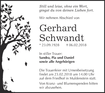 Traueranzeige von Gerhard Schwandt von WVG - Wochenspiegel Bitterfeld