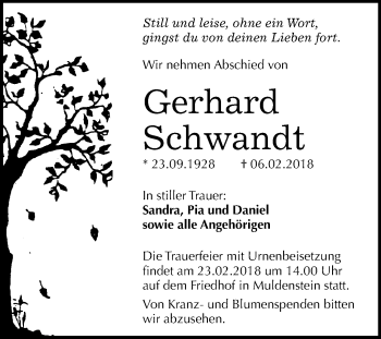 Traueranzeige von Gerhard Schwandt von Mitteldeutsche Zeitung Bitterfeld
