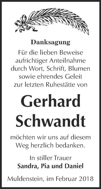 Traueranzeige von Gerhard Schwandt von WVG - Wochenspiegel Bitterfeld
